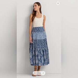 NWT Patchwork Floral Voile Tiered Skirt Size 2 in Blue/Cream Lauren Ralph Lauren